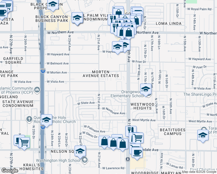 map of restaurants, bars, coffee shops, grocery stores, and more near 2016 West Orangewood Avenue in Phoenix