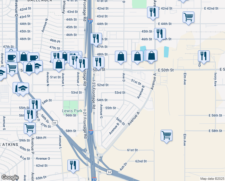 map of restaurants, bars, coffee shops, grocery stores, and more near 509 53rd Street in Lubbock