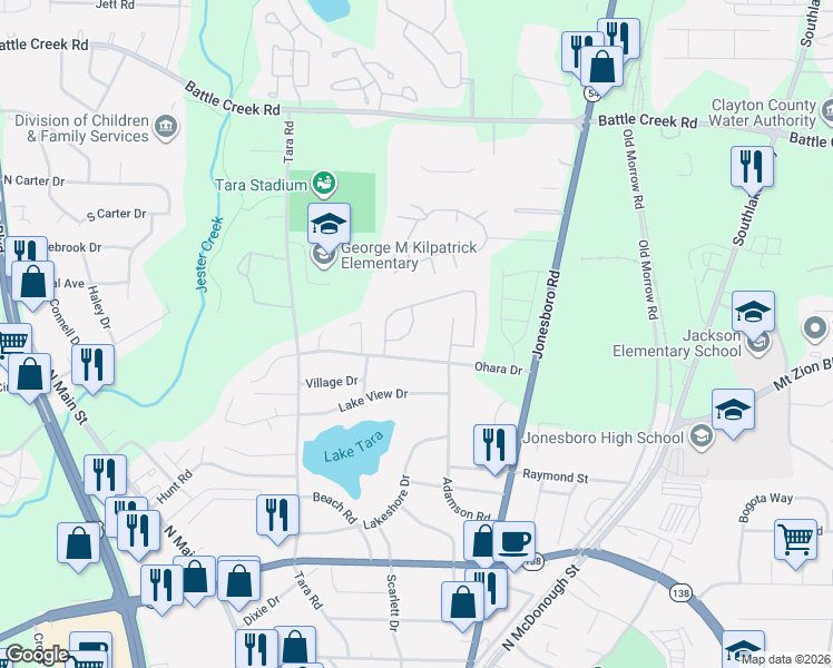 map of restaurants, bars, coffee shops, grocery stores, and more near 1133 Gable Terrace in Jonesboro