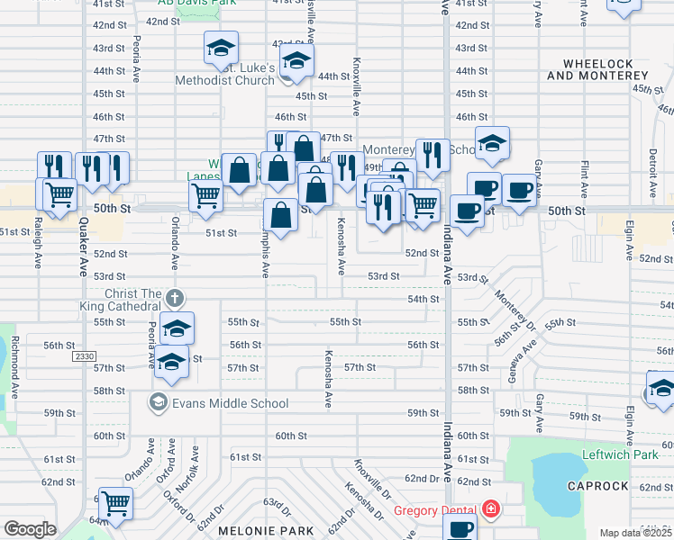 map of restaurants, bars, coffee shops, grocery stores, and more near 5208 Kenosha Avenue in Lubbock