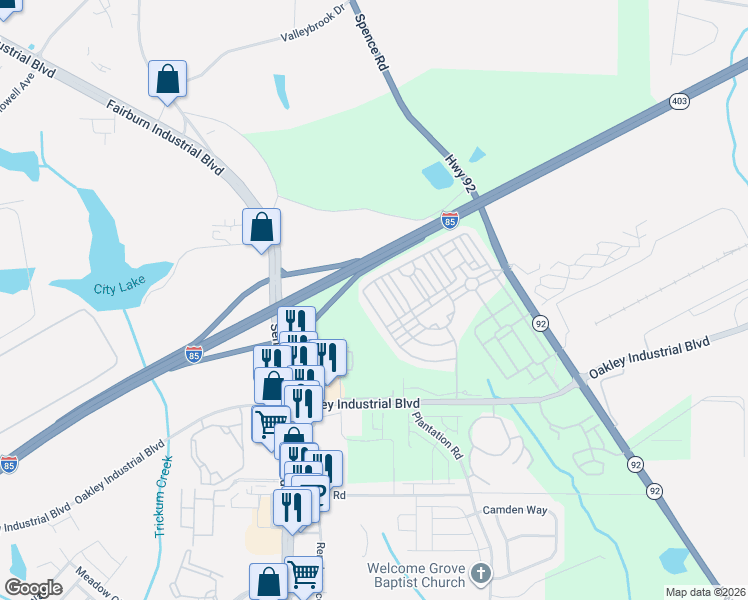 map of restaurants, bars, coffee shops, grocery stores, and more near 5722 Radford Loop in Fairburn