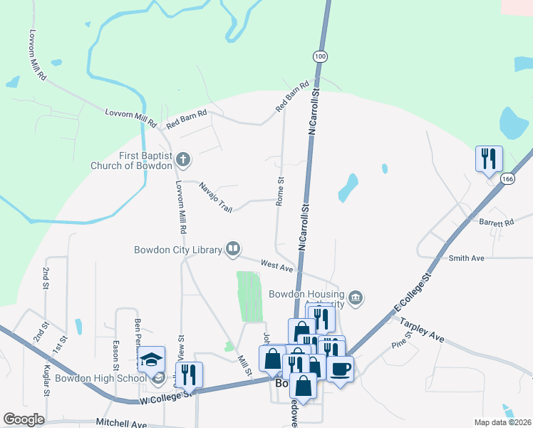 map of restaurants, bars, coffee shops, grocery stores, and more near 243 Old Word Road in Bowdon
