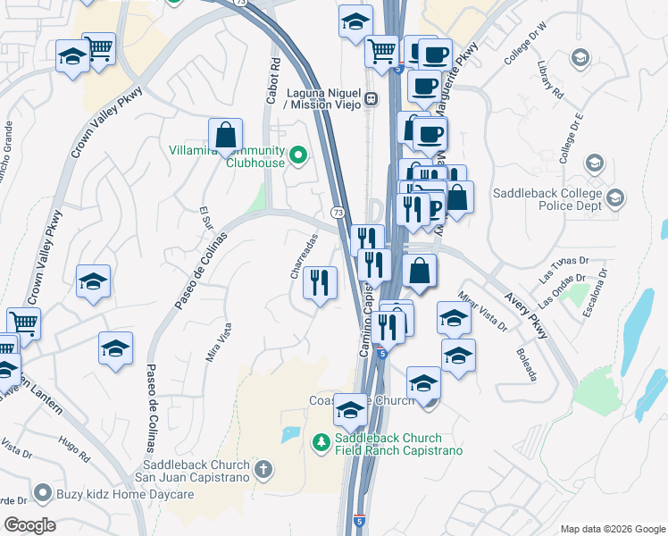 map of restaurants, bars, coffee shops, grocery stores, and more near 28682 Avenida Del Caballo in Laguna Niguel