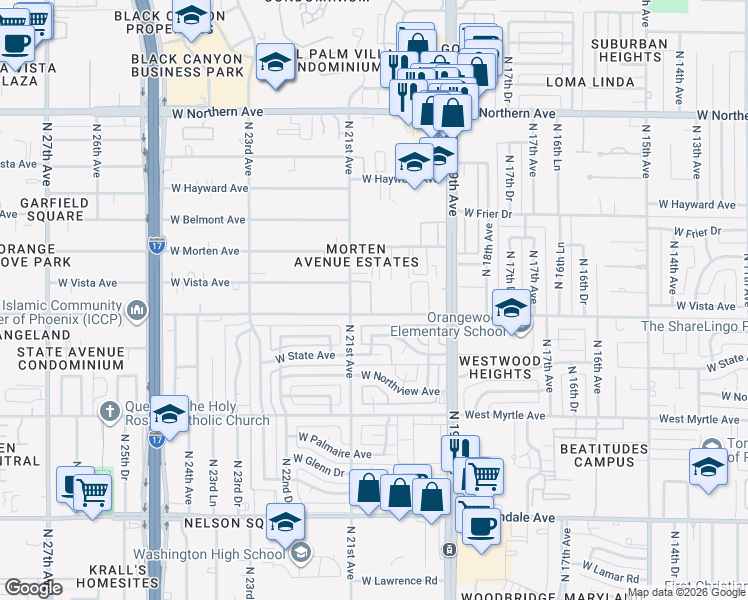 map of restaurants, bars, coffee shops, grocery stores, and more near 2020 West Orangewood Avenue in Phoenix