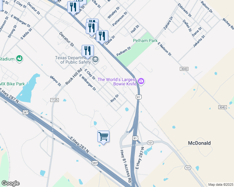 map of restaurants, bars, coffee shops, grocery stores, and more near 815 East Clay Street in Bowie