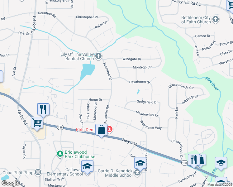 map of restaurants, bars, coffee shops, grocery stores, and more near 80 Rountree Road in Riverdale