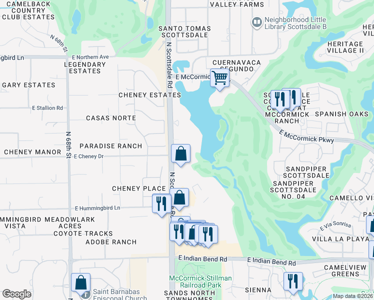 map of restaurants, bars, coffee shops, grocery stores, and more near 7401 North Scottsdale Road in Paradise Valley