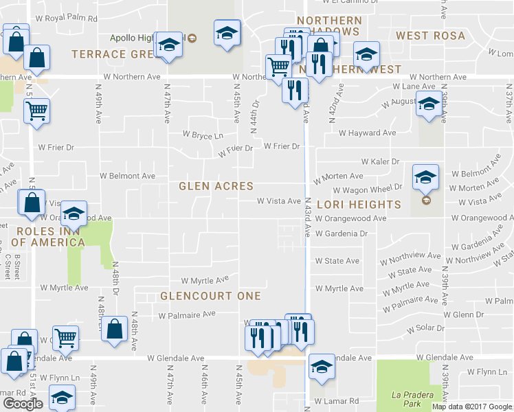 map of restaurants, bars, coffee shops, grocery stores, and more near 4468 West Orangewood Avenue in Glendale