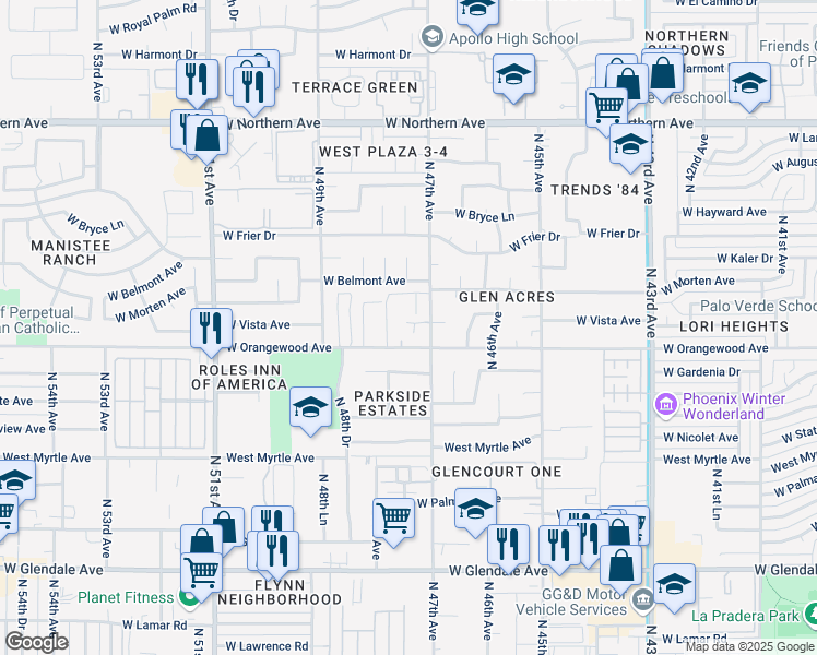 map of restaurants, bars, coffee shops, grocery stores, and more near 4724 West Orangewood Avenue in Glendale