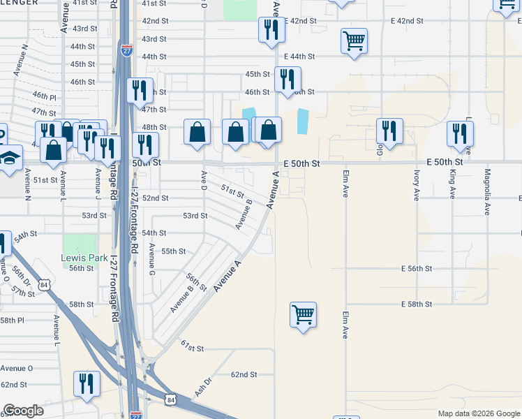 map of restaurants, bars, coffee shops, grocery stores, and more near 202 52nd St in Lubbock