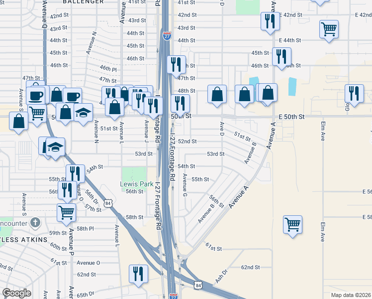 map of restaurants, bars, coffee shops, grocery stores, and more near 527 53rd Street in Lubbock