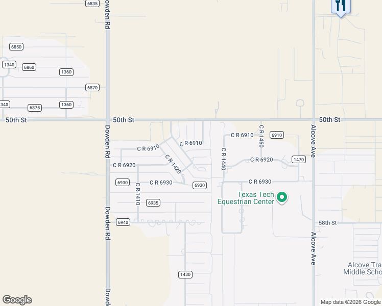 map of restaurants, bars, coffee shops, grocery stores, and more near 8305 County Road 6915 in Lubbock