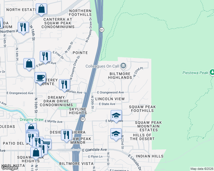 map of restaurants, bars, coffee shops, grocery stores, and more near 7507 North 21st Street in Phoenix