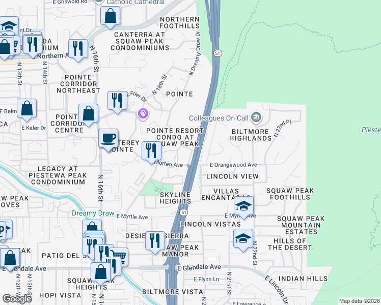 map of restaurants, bars, coffee shops, grocery stores, and more near 1880 East Morten Avenue in Phoenix