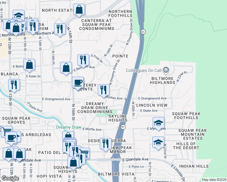 map of restaurants, bars, coffee shops, grocery stores, and more near 1829 East Morten Avenue in Phoenix