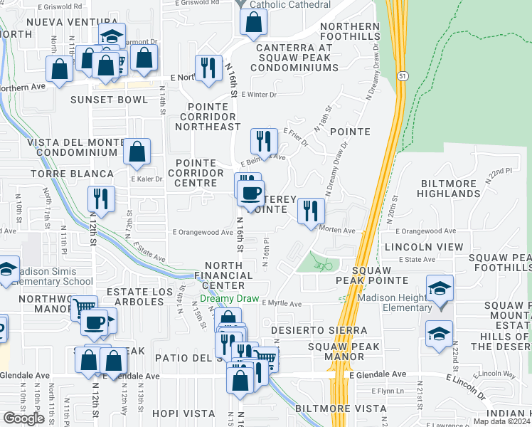 map of restaurants, bars, coffee shops, grocery stores, and more near 1717 East Morten Avenue in Phoenix