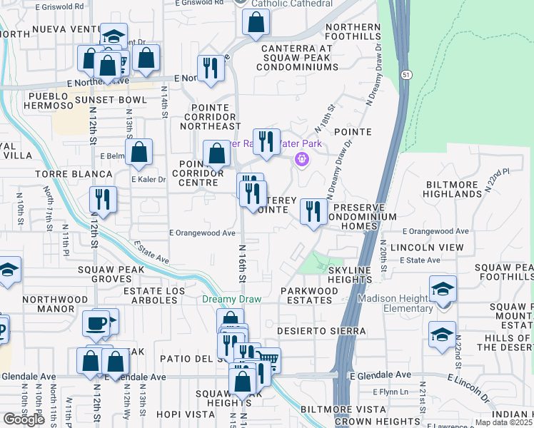 map of restaurants, bars, coffee shops, grocery stores, and more near 1717 East Morten Avenue in Phoenix