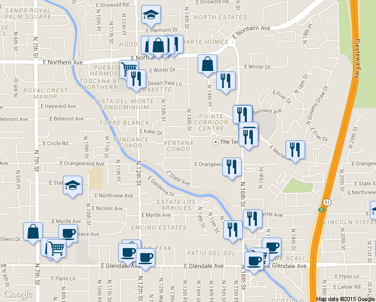 map of restaurants, bars, coffee shops, grocery stores, and more near 7550 North 16th Street in Phoenix