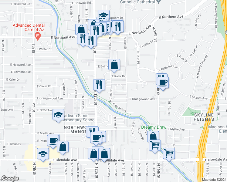 map of restaurants, bars, coffee shops, grocery stores, and more near 7512 North 13th Street in Phoenix