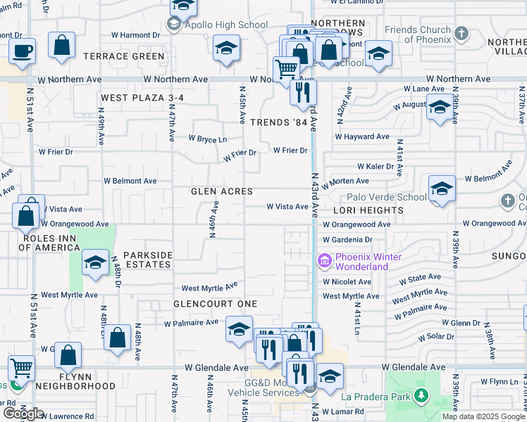 map of restaurants, bars, coffee shops, grocery stores, and more near 4468 West Orangewood Avenue in Glendale