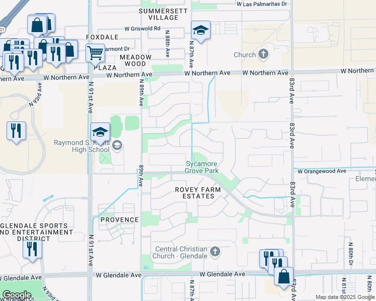 map of restaurants, bars, coffee shops, grocery stores, and more near 8701 West Carole Lane in Glendale