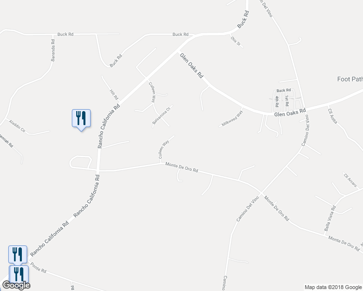 map of restaurants, bars, coffee shops, grocery stores, and more near 39570 Colleen Way in Temecula