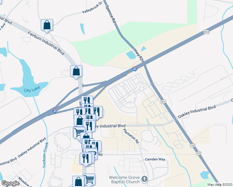 map of restaurants, bars, coffee shops, grocery stores, and more near 5722 Radford Loop in Fairburn