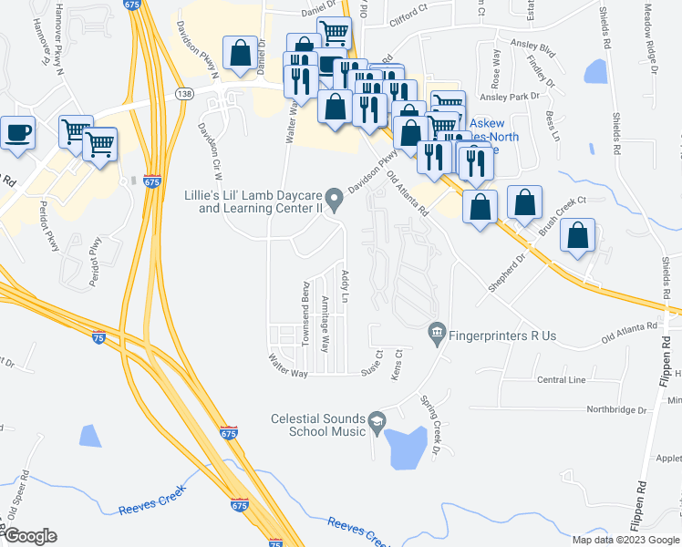 map of restaurants, bars, coffee shops, grocery stores, and more near 120 Addy Lane in Stockbridge