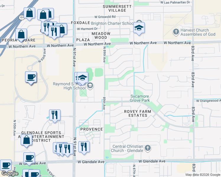 map of restaurants, bars, coffee shops, grocery stores, and more near 8823 West Carole Lane in Glendale