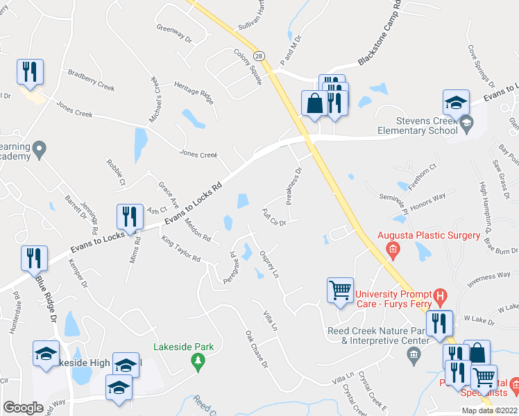 map of restaurants, bars, coffee shops, grocery stores, and more near 228 Full Circle Drive in Evans