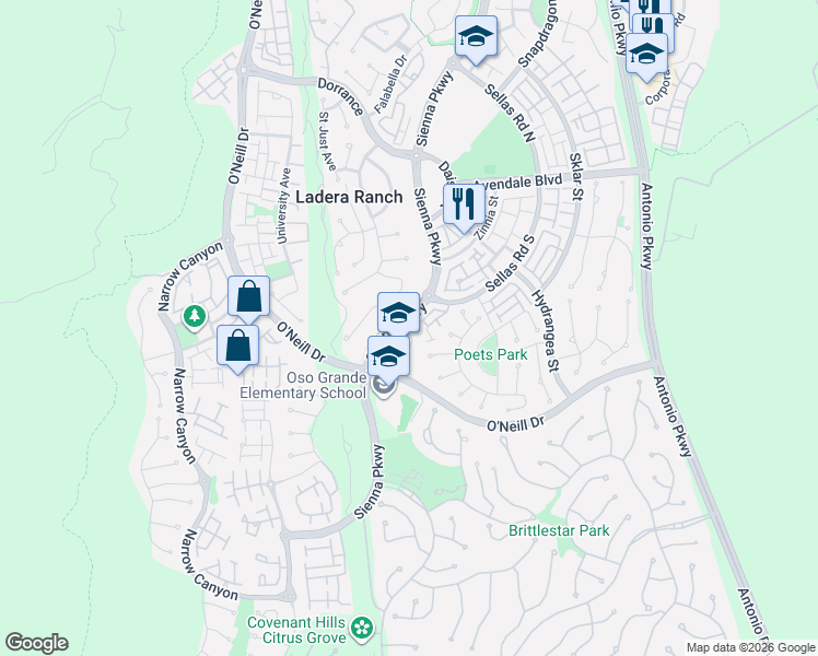 map of restaurants, bars, coffee shops, grocery stores, and more near 55 Molly loop in Ladera Ranch