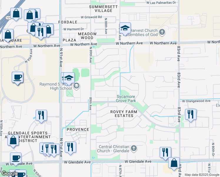 map of restaurants, bars, coffee shops, grocery stores, and more near 8725 West Carole Lane in Glendale