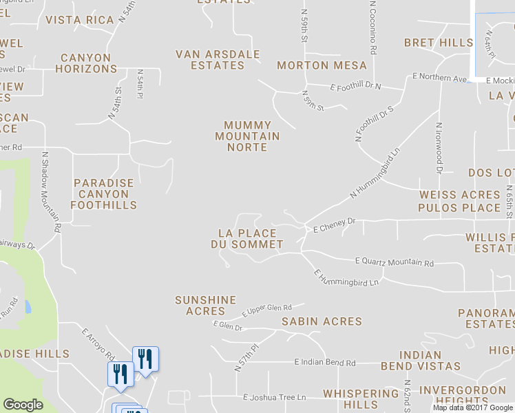 map of restaurants, bars, coffee shops, grocery stores, and more near 5750 East Cheney Drive in Paradise Valley