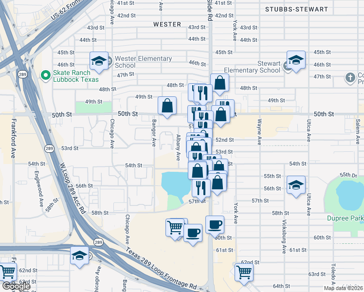 map of restaurants, bars, coffee shops, grocery stores, and more near 7 Albany Avenue in Lubbock