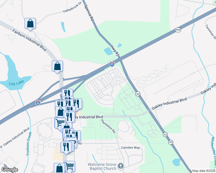 map of restaurants, bars, coffee shops, grocery stores, and more near 5505 Festival in Fairburn