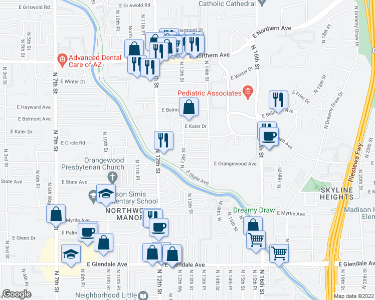 map of restaurants, bars, coffee shops, grocery stores, and more near 7512 North 13th Street in Phoenix