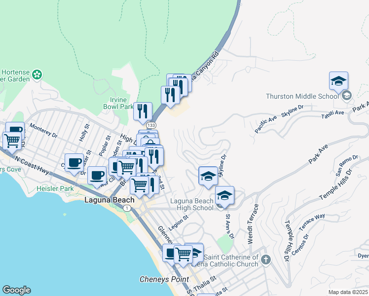 map of restaurants, bars, coffee shops, grocery stores, and more near 622 Mystic Way in Laguna Beach