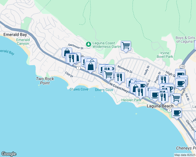 map of restaurants, bars, coffee shops, grocery stores, and more near 738 Cliff Drive in Laguna Beach