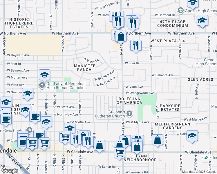 map of restaurants, bars, coffee shops, grocery stores, and more near 5169 West Vista Avenue in Glendale
