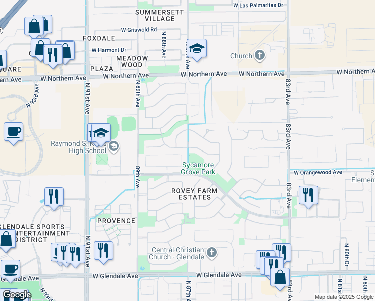 map of restaurants, bars, coffee shops, grocery stores, and more near 8701 West Carole Lane in Glendale