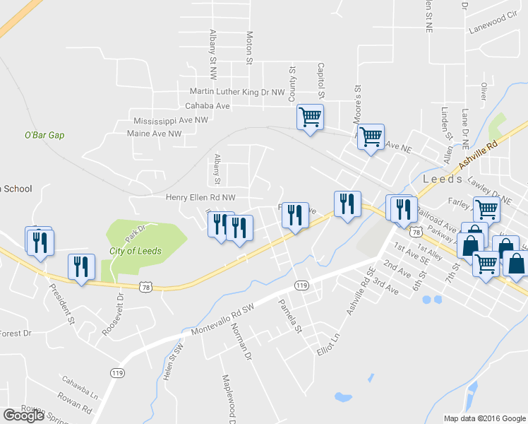 map of restaurants, bars, coffee shops, grocery stores, and more near 7429 Frisco Avenue in Leeds