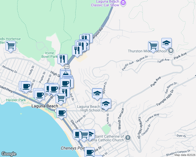 map of restaurants, bars, coffee shops, grocery stores, and more near 1223 Skyline Drive in Laguna Beach