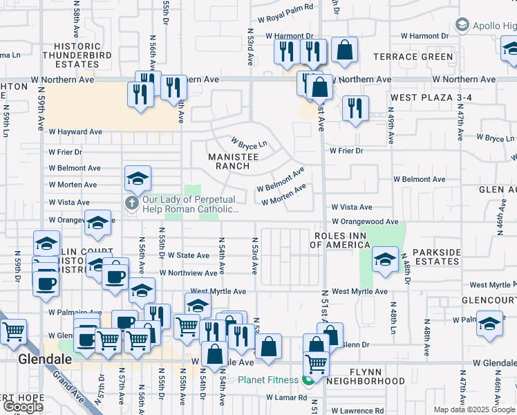 map of restaurants, bars, coffee shops, grocery stores, and more near 5283 West Morten Avenue in Glendale
