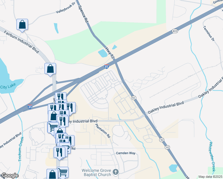 map of restaurants, bars, coffee shops, grocery stores, and more near 7615 Avalon Boulevard in Fairburn