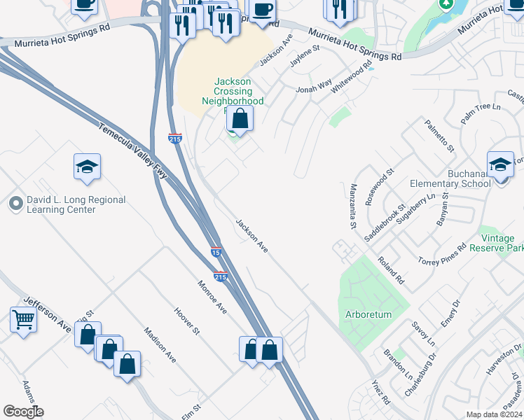 map of restaurants, bars, coffee shops, grocery stores, and more near Jackson Avenue in Murrieta