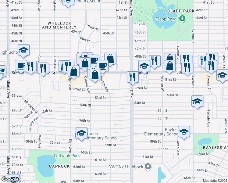 map of restaurants, bars, coffee shops, grocery stores, and more near 2514 53rd Street in Lubbock