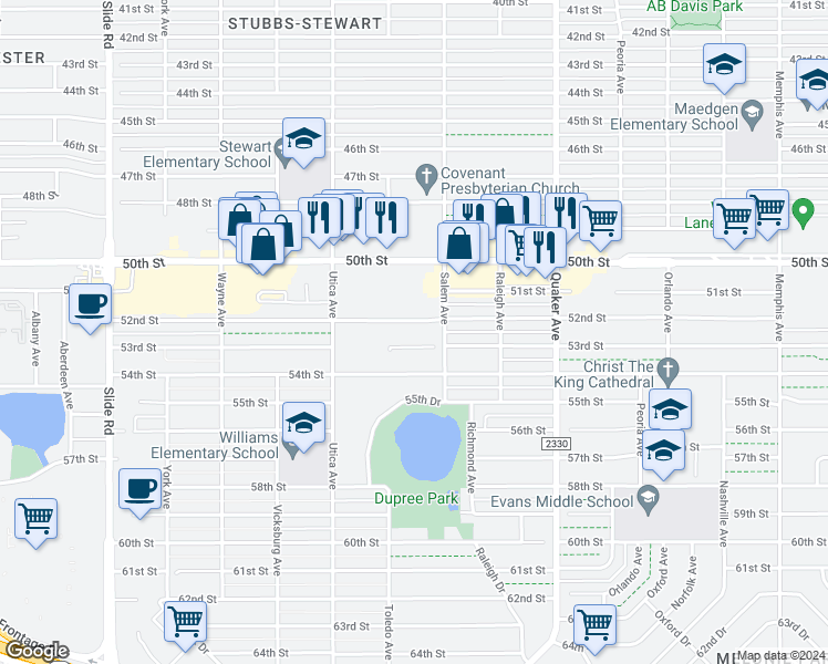map of restaurants, bars, coffee shops, grocery stores, and more near 4602 54th Street in Lubbock