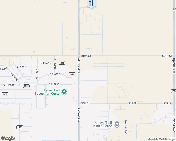 map of restaurants, bars, coffee shops, grocery stores, and more near 5803 County Road 1500 in Lubbock