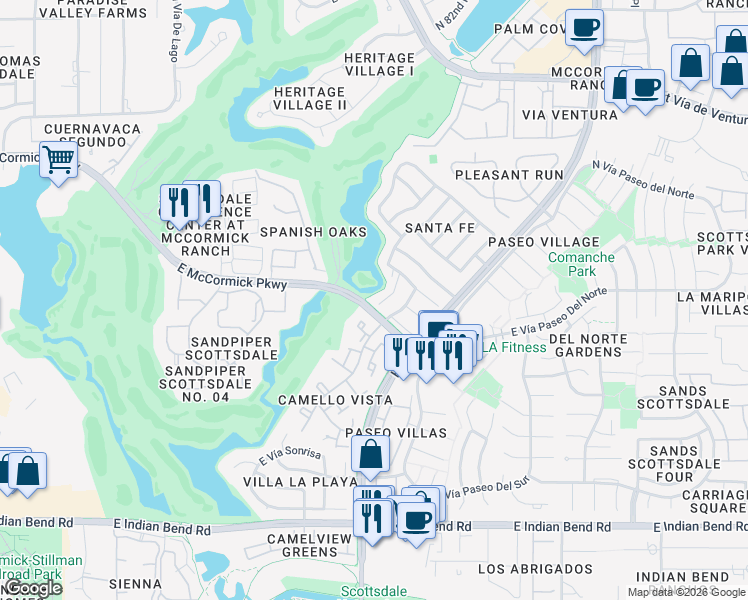 map of restaurants, bars, coffee shops, grocery stores, and more near 7500 North Vía Camello Del Norte in Scottsdale