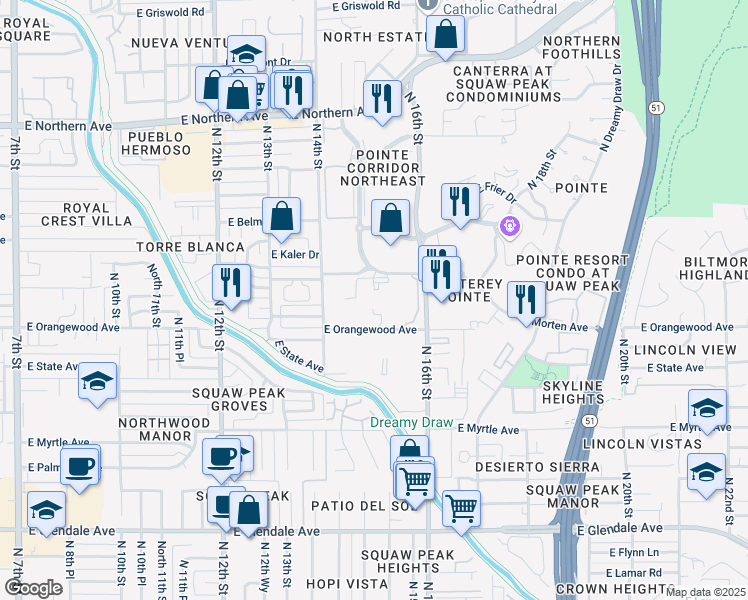 map of restaurants, bars, coffee shops, grocery stores, and more near 7550 North 16th Street in Phoenix
